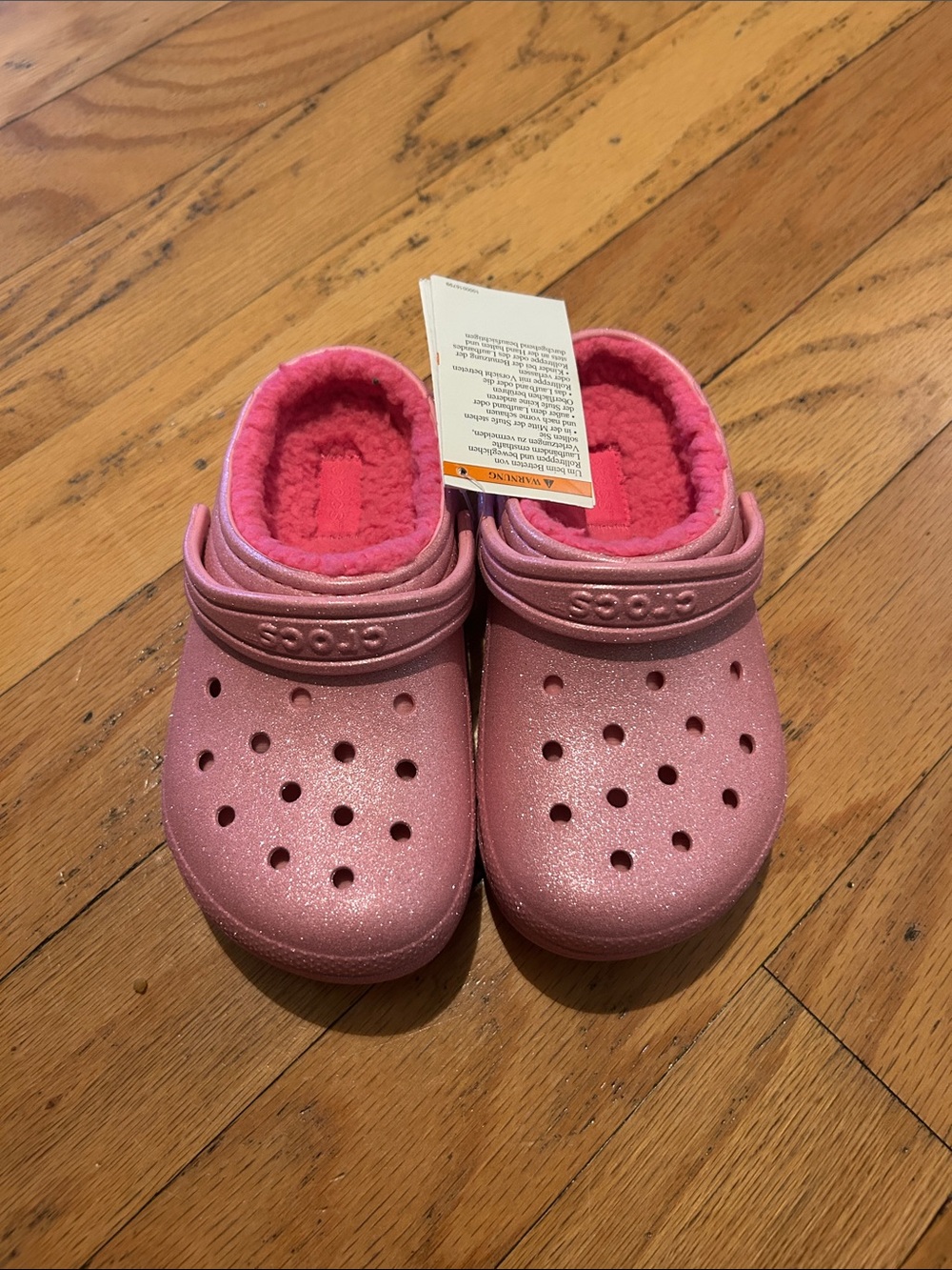CROCS Kids Pink Glitter Fleece-Lined Clogs